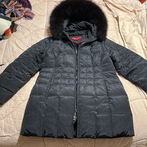Anne Klein Midnight Puffer Coat with Luxe Fur Hood and down filling